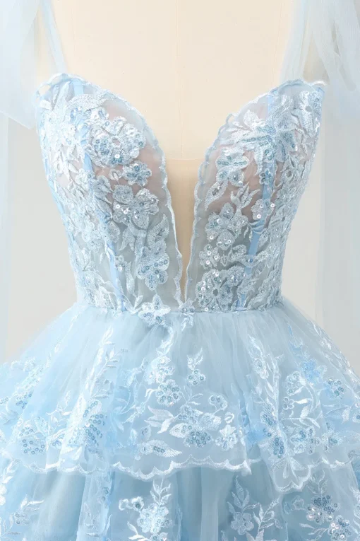 Glitter Blue A Line Embroidery Tiered Homecoming Dress with Appliques