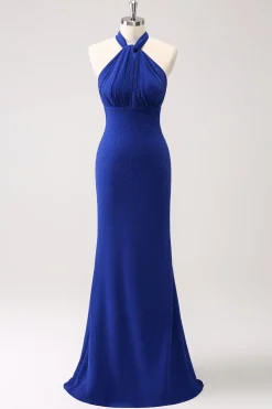 Glitter Blue Halter Bodycon Mermaid Bridesmaid Dress
