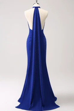 Glitter Blue Halter Bodycon Mermaid Bridesmaid Dress
