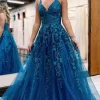 Glitter Blue Lace A-Line Long Prom Dress