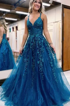 Glitter Blue Lace A-Line Long Prom Dress