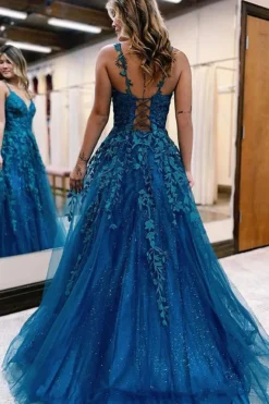 Glitter Blue Lace A-Line Long Prom Dress