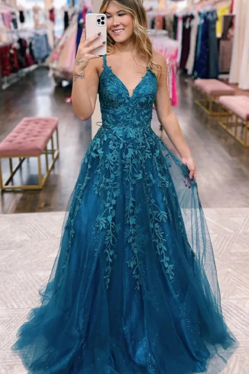 Glitter Blue Lace A-Line Long Prom Dress