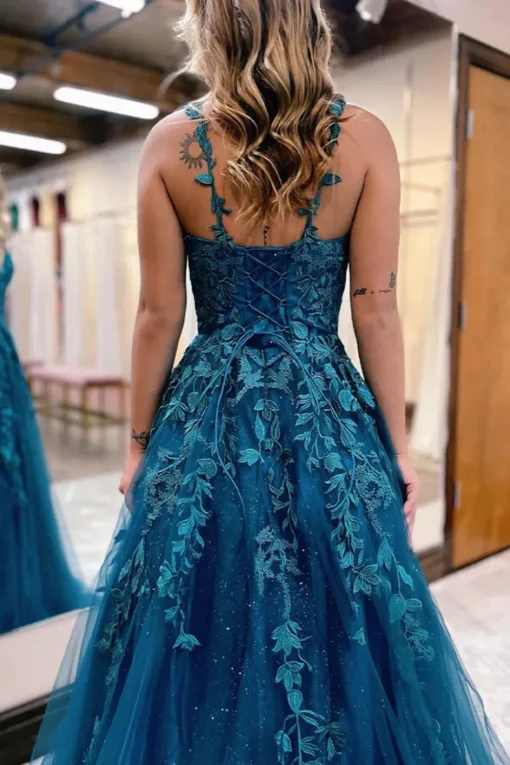Glitter Blue Lace A-Line Long Prom Dress