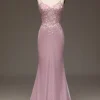 Glitter Blush Mermaid Spaghetti Straps Long Prom Dress with Beading