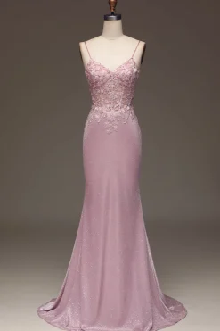 Glitter Blush Mermaid Spaghetti Straps Long Prom Dress with Beading