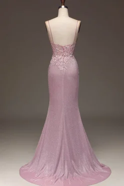Glitter Blush Mermaid Spaghetti Straps Long Prom Dress with Beading