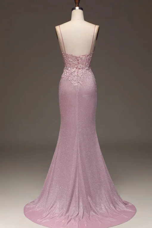 Glitter Blush Mermaid Spaghetti Straps Long Prom Dress with Beading