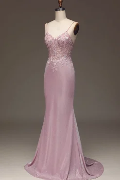 Glitter Blush Mermaid Spaghetti Straps Long Prom Dress with Beading