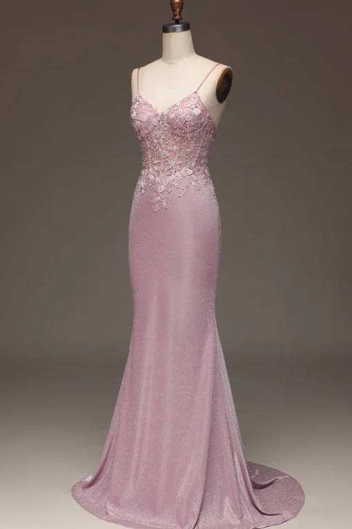 Glitter Blush Mermaid Spaghetti Straps Long Prom Dress with Beading