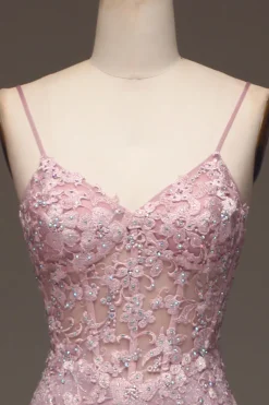 Glitter Blush Mermaid Spaghetti Straps Long Prom Dress with Beading