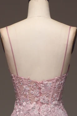 Glitter Blush Mermaid Spaghetti Straps Long Prom Dress with Beading