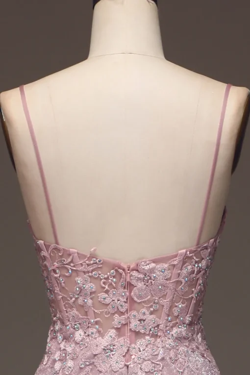 Glitter Blush Mermaid Spaghetti Straps Long Prom Dress with Beading