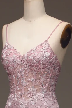 Glitter Blush Mermaid Spaghetti Straps Long Prom Dress with Beading