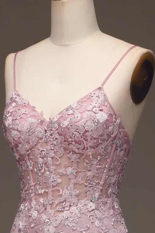 Glitter Blush Mermaid Spaghetti Straps Long Prom Dress with Beading