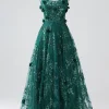 Glitter Dark Green Spaghetti Straps Lace Flower Long Corset Prom Dress