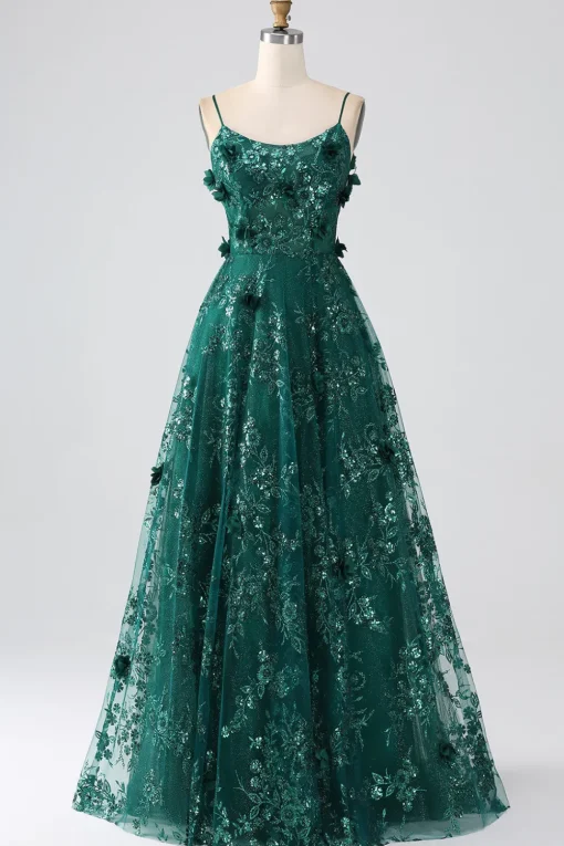 Glitter Dark Green Spaghetti Straps Lace Flower Long Corset Prom Dress