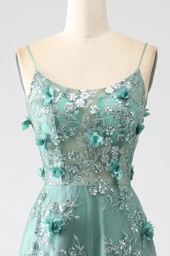 Glitter Dark Green Spaghetti Straps Lace Flower Long Corset Prom Dress