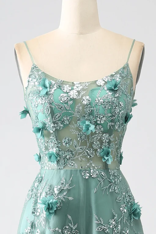 Glitter Dark Green Spaghetti Straps Lace Flower Long Corset Prom Dress