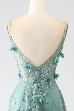 Glitter Dark Green Spaghetti Straps Lace Flower Long Corset Prom Dress