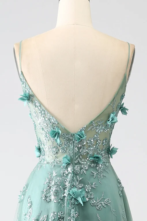 Glitter Dark Green Spaghetti Straps Lace Flower Long Corset Prom Dress