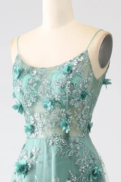 Glitter Dark Green Spaghetti Straps Lace Flower Long Corset Prom Dress