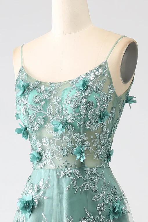Glitter Dark Green Spaghetti Straps Lace Flower Long Corset Prom Dress