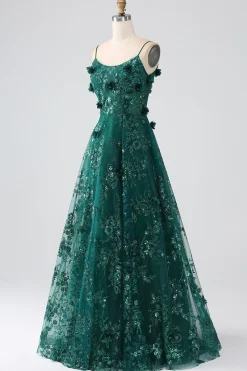 Glitter Dark Green Spaghetti Straps Lace Flower Long Corset Prom Dress