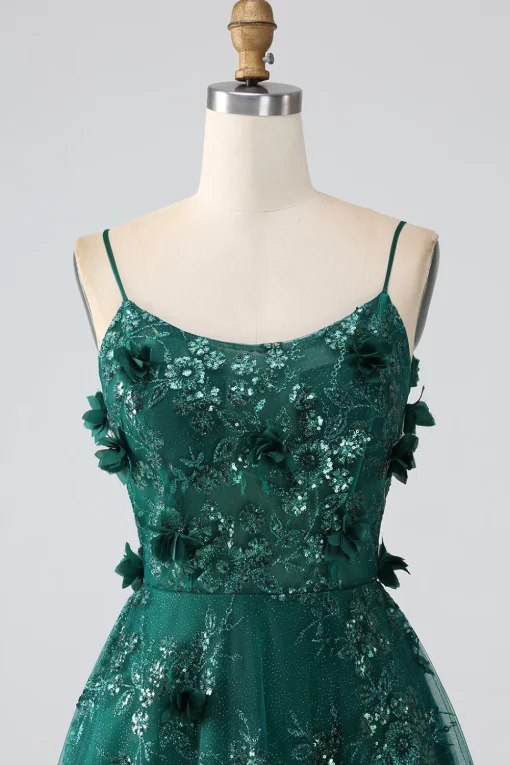 Glitter Dark Green Spaghetti Straps Lace Flower Long Corset Prom Dress
