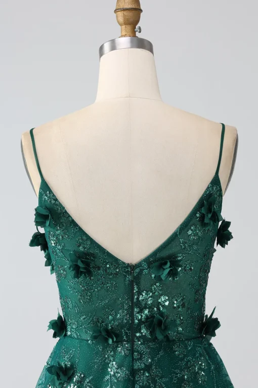 Glitter Dark Green Spaghetti Straps Lace Flower Long Corset Prom Dress