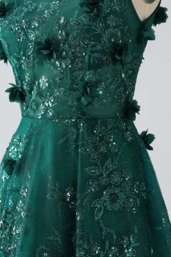 Glitter Dark Green Spaghetti Straps Lace Flower Long Corset Prom Dress