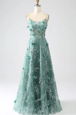 Glitter Dark Green Spaghetti Straps Lace Flower Long Corset Prom Dress
