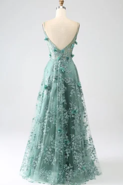 Glitter Dark Green Spaghetti Straps Lace Flower Long Corset Prom Dress