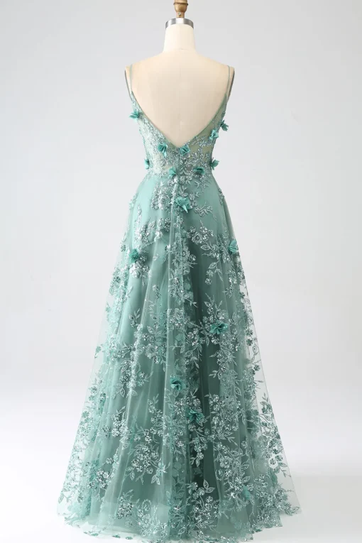 Glitter Dark Green Spaghetti Straps Lace Flower Long Corset Prom Dress