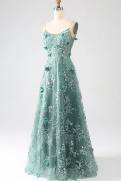 Glitter Dark Green Spaghetti Straps Lace Flower Long Corset Prom Dress