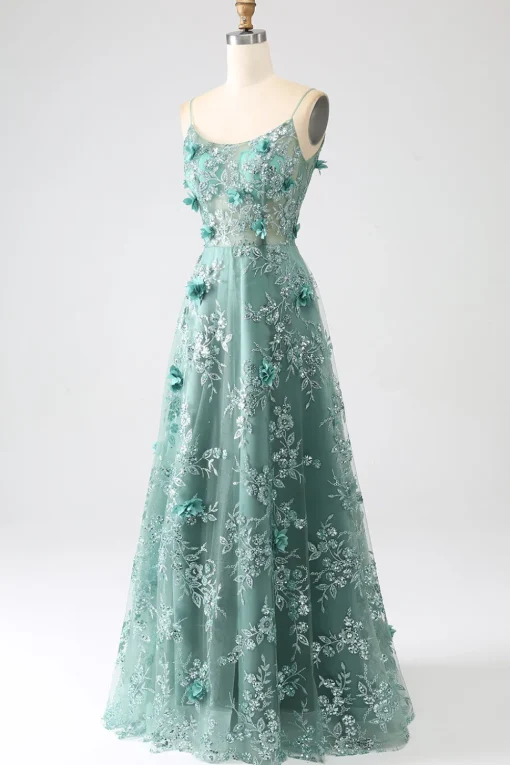 Glitter Dark Green Spaghetti Straps Lace Flower Long Corset Prom Dress