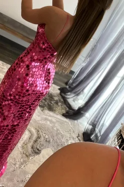 Glitter Hot Pink Sequins Backless Prom Dress with Slit