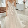 Glitter Ivory A-Line Spaghetti Straps Long Wedding Dress with Appliques