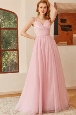 Glitter Lace-Up Ruched Pink Princess Prom Dress