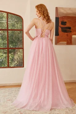 Glitter Lace-Up Ruched Pink Princess Prom Dress