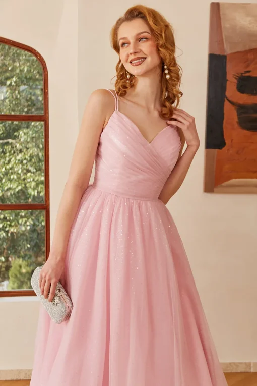Glitter Lace-Up Ruched Pink Princess Prom Dress