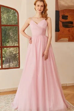 Glitter Lace-Up Ruched Pink Princess Prom Dress