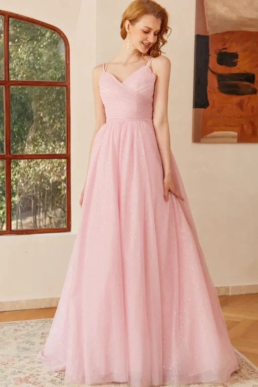 Glitter Lace-Up Ruched Pink Princess Prom Dress
