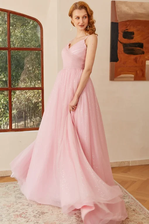 Glitter Lace-Up Ruched Pink Princess Prom Dress