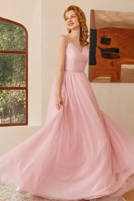 Glitter Lace-Up Ruched Pink Princess Prom Dress