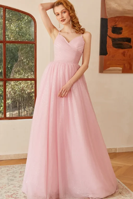 Glitter Lace-Up Ruched Pink Princess Prom Dress