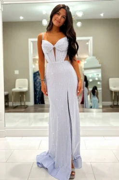 Glitter Lilac Mermaid Beaded Cut Out Long Corset Prom Dress with Slit
