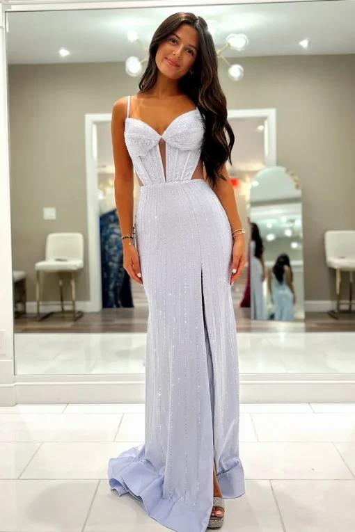 Glitter Lilac Mermaid Beaded Cut Out Long Corset Prom Dress with Slit