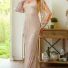 Glitter Mermaid Long Sleeves Apricot Formal Dress