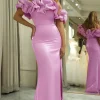 Glitter Mermaid Off the Shoulder Pink Long Prom Dress With Slit